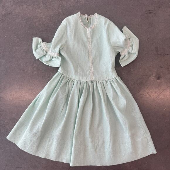 Vintage Dresses & Skirts - Vintage 90's Y2K Mint Green Polka Dot Peplum Ruffle Lace Midi Youth Dress 4T